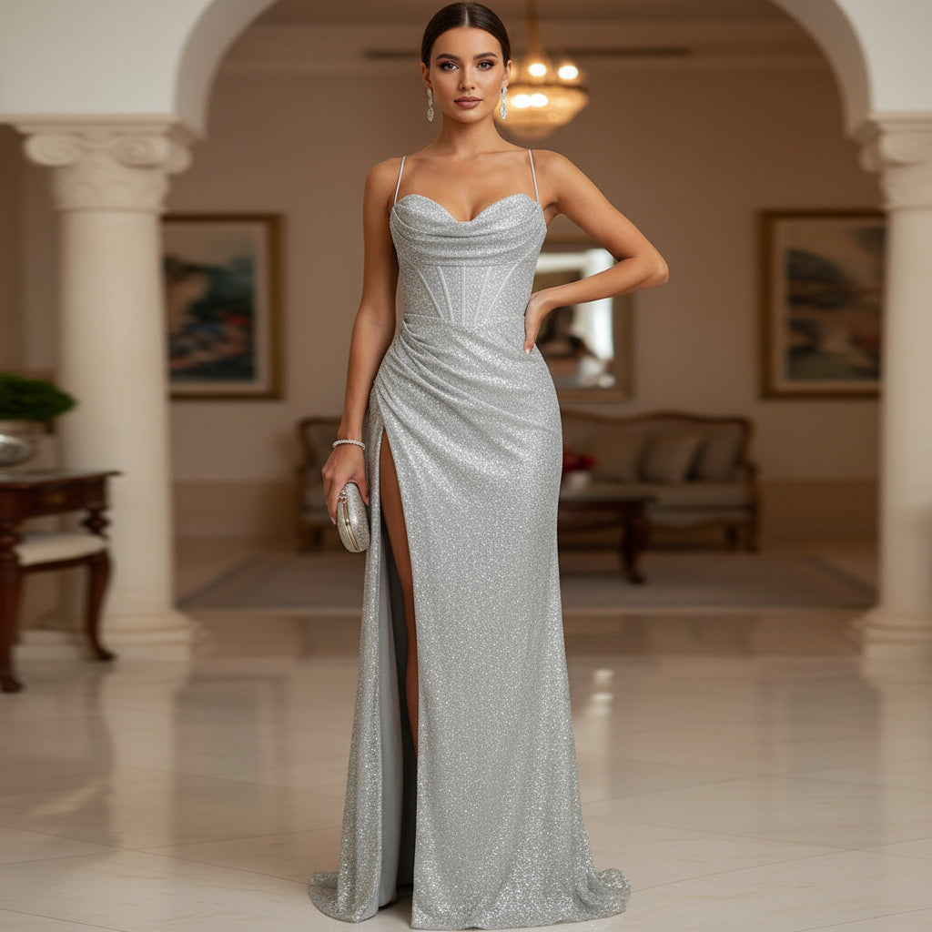 ALBA - Vestido de mujer | Lentejuelas brillantes, corte entallado para fiesta y boda 3